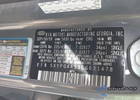 2020 Kia Sorento 3.3L Lx z USA, uszkodzony, nr VIN 5XYPG4A53LG631478